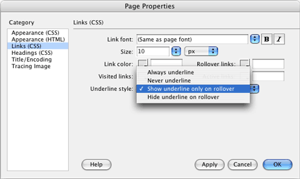 Page Properties Links window